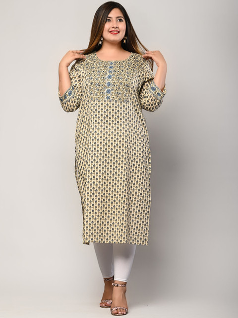 

Swasti Plus Size Women Beige & Green Ethnic Motifs Pure Cotton Printed Kurta
