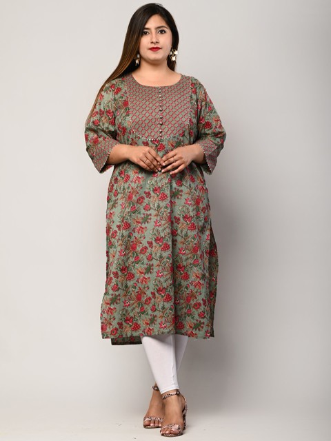 

Swasti Plus Size Women Green Floral Printed Floral Pure Cotton Kurta