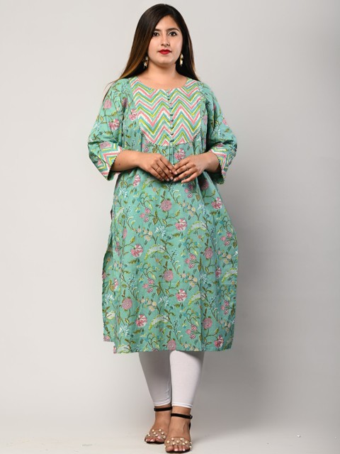 

Swasti Women Plus Size Green Floral Printed Cotton Kurta