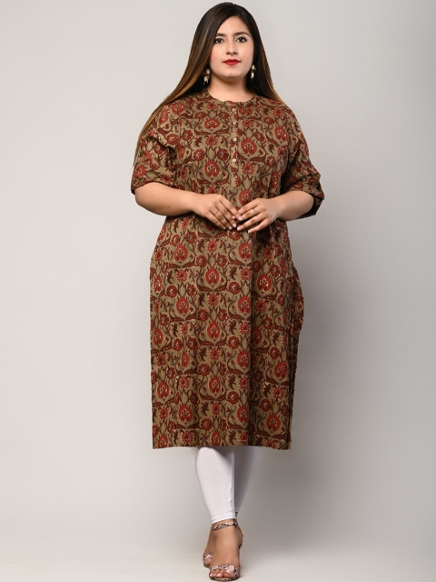 

Swasti Plus Size Women Khaki & Maroon Ethnic Motifs Printed Pure Cotton Kurta