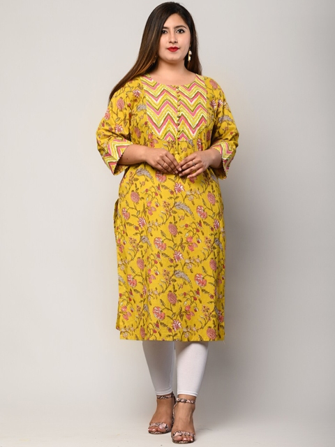 

Swasti Plus Size Women Yellow Floral Printed Floral Pure Cotton Kurta