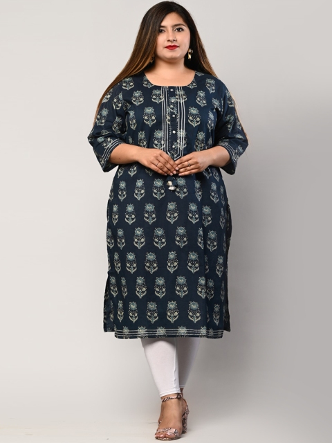 

Swasti Women Blue Ethnic Motifs Printed Mirror Work Floral Kurta
