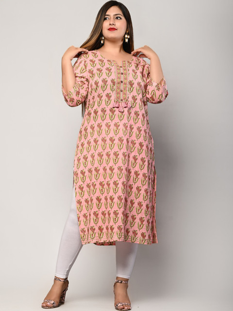 

Swasti Plus Size Women Pink & Green Ethnic Motifs Printed Pure Cotton Kurta