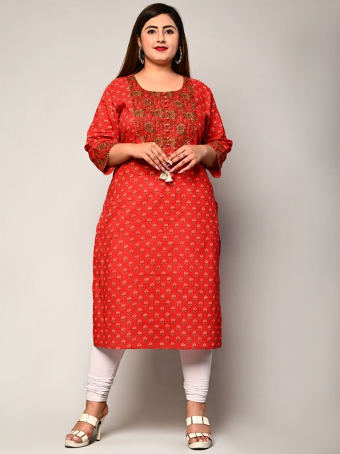 

Swasti Plus Size Women Red Ethnic Motifs Printed Floral Pure Cotton Kurta