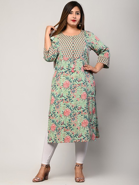

Swasti Plus Size Women Green Floral Printed Pure Cotton Kurta