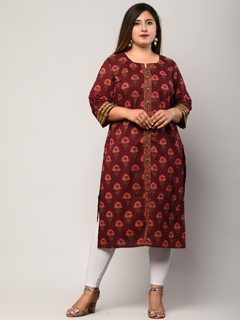 

Swasti Plus Size Women Maroon Floral Printed Pure Cotton Kurta