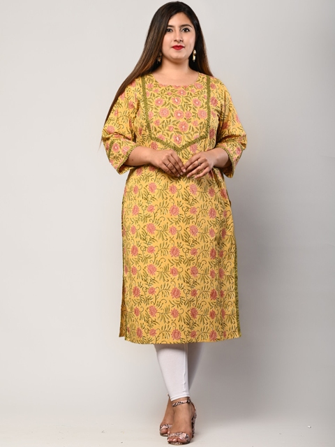 

Swasti Plus Size Women Yellow Floral Printed Pure Cotton Kurta