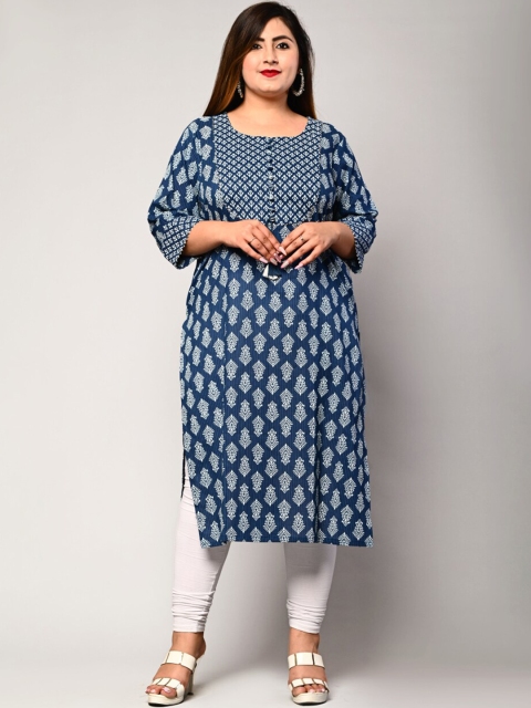 

Swasti Plus Size Women Blue & White Ethnic Motifs Printed Pure Cotton Kurta
