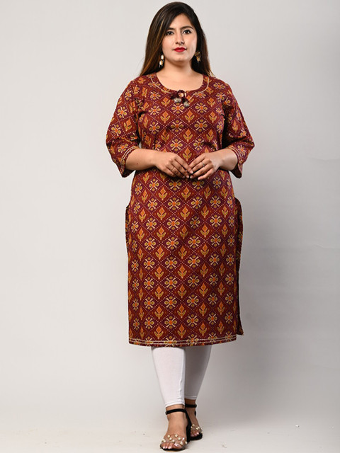 

Swasti Plus Size Women Maroon Ethnic Motifs Printed Pure Cotton Kurta
