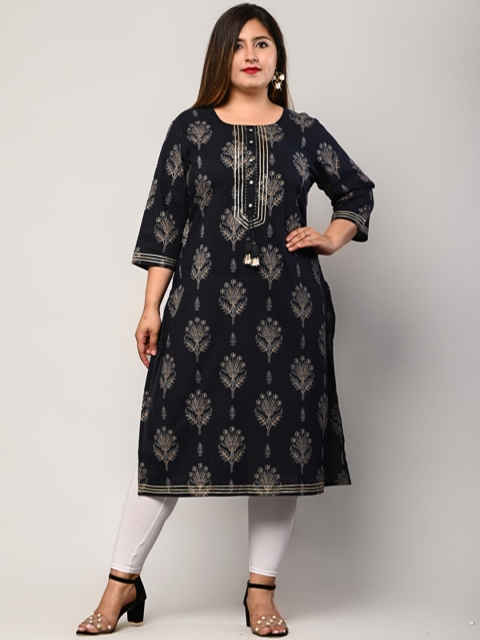 

Swasti Plus Size Women Navy Blue & Beige Ethnic Printed Pure Cotton Kurta
