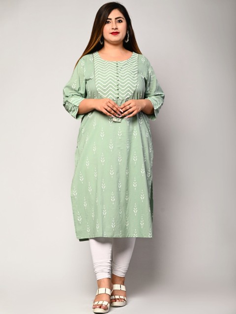 

Swasti Plus Size Women Sage Green Ethnic Motifs Printed Pure Cotton Kurta