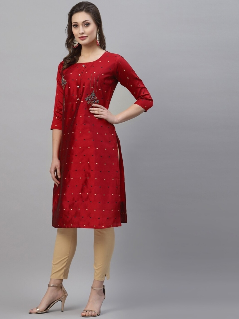 

SANISA Women Maroon Ethnic Motifs Embroidered Chanderi Silk Kurta