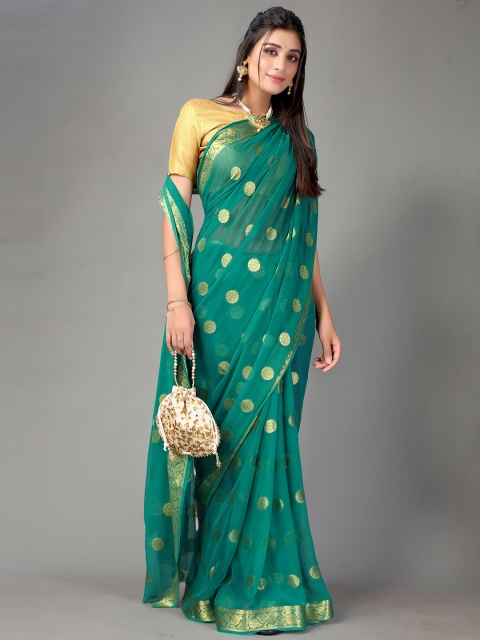 

Satrani Green & Gold-Toned Ethnic Motifs Zari Saree
