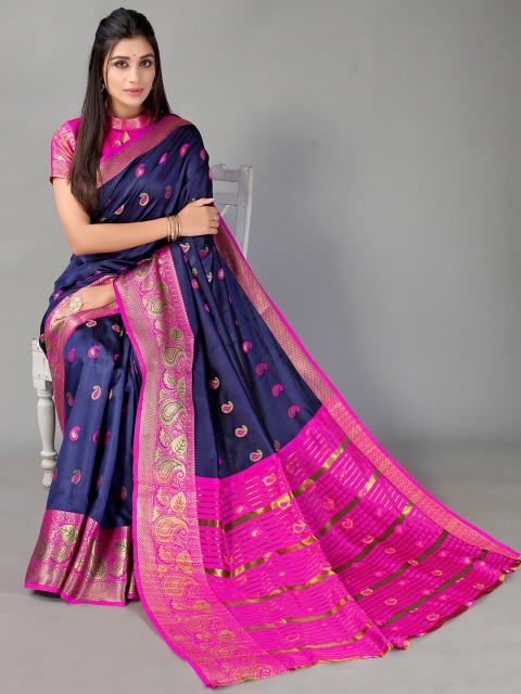 

Satrani Navy Blue & Pink Paisley Zari Saree