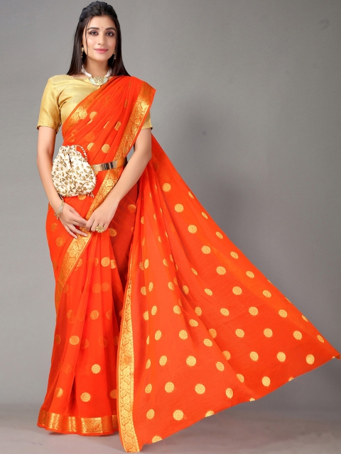 

Satrani Orange & Gold-Toned Woven Design Zari Saree