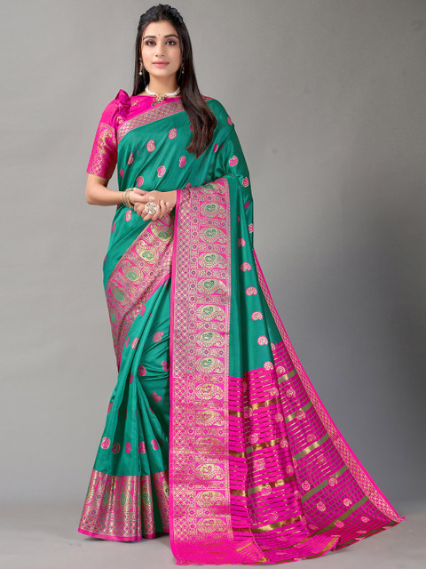 

Satrani Pink & Teal Green Woven Design Zari Saree