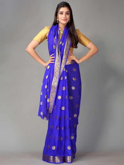 

Satrani Blue & Gold-Toned Woven Design Zari Saree