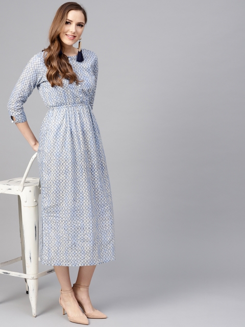 

Jaipur Kurti Women Blue & Black Checked Fit & Flare Midi Dress