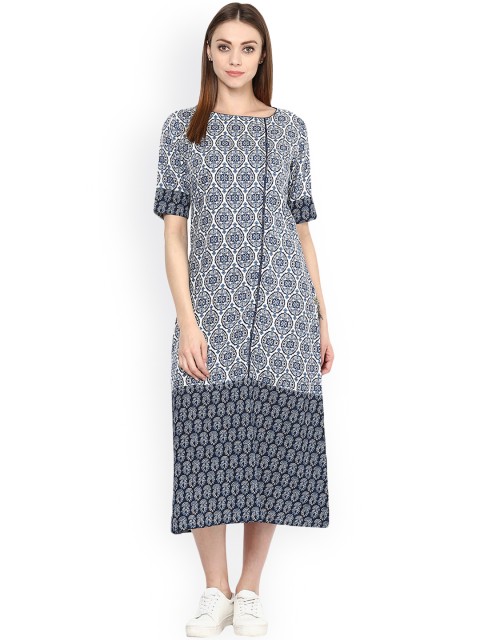 

Jaipur Kurti Women White & Blue Printed A-Line Dress