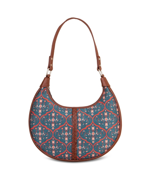

ZOUK Navy Blue Ethnic Motifs Printed Half Moon Hobo Bag