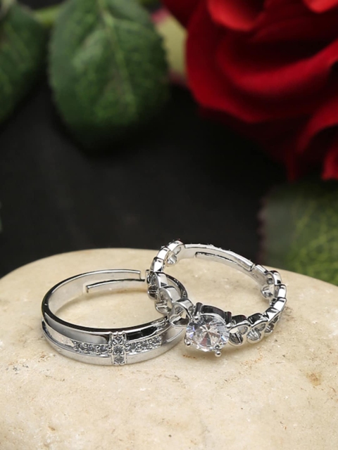 

Celena Cole Set of 2 Silver-Plated Stone-Studded Couple Rings