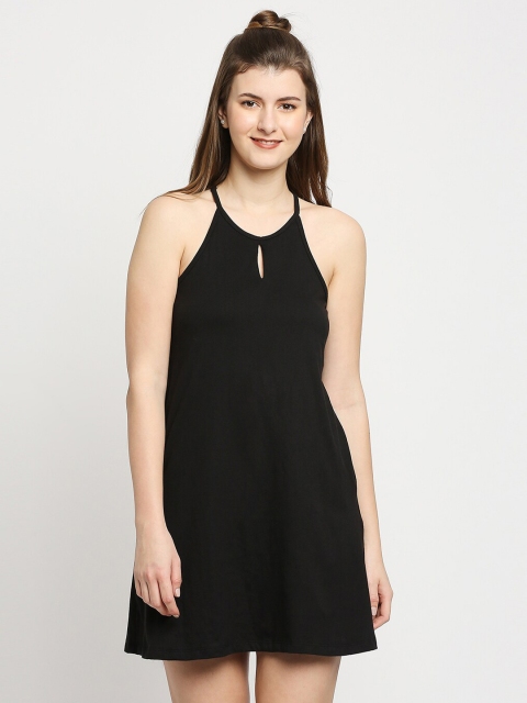 

Autumn Hues Women Black Halter Neck A-Line Cotton Mini Dress