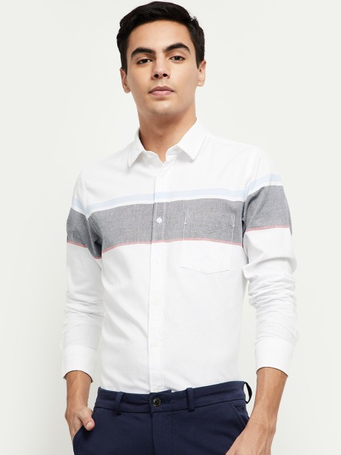 

max Men White Cotton Striped Casual Shirt