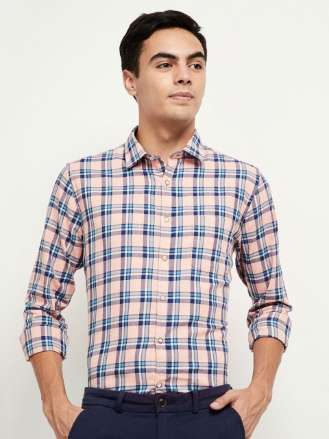 

max Men Peach-Coloured Tartan Checked Pure Cotton Casual Shirt