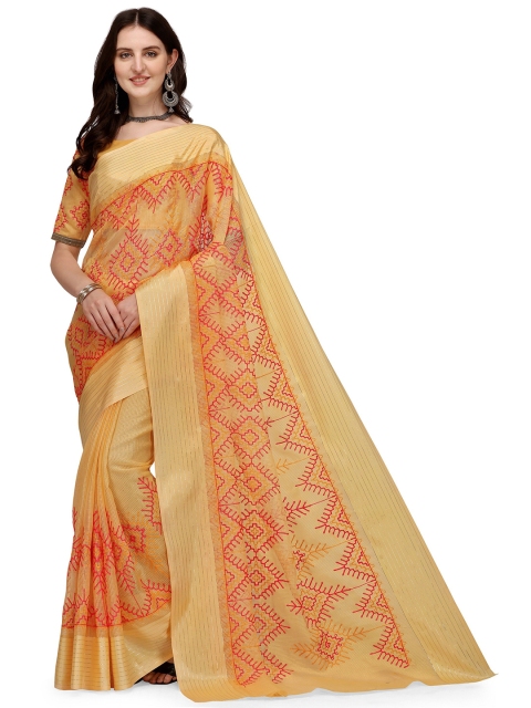 

Iris Yellow & Pink Woven Design Embroidered Net Chanderi Saree