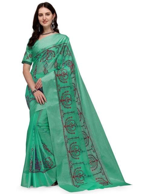 

Iris Teal Green & Red Ethnic Motifs Embroidered Net Chanderi Kota Doria Saree