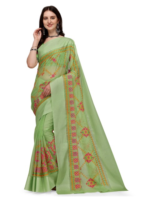 

Iris Green & Pink Embroidered Chanderi Saree
