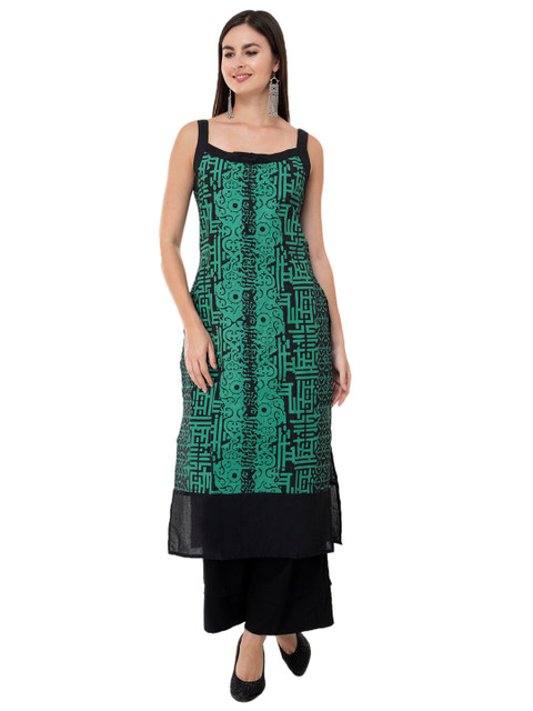 

EZIS FASHION Women Green & Black Printed Square Neck Pure Cotton Kurti