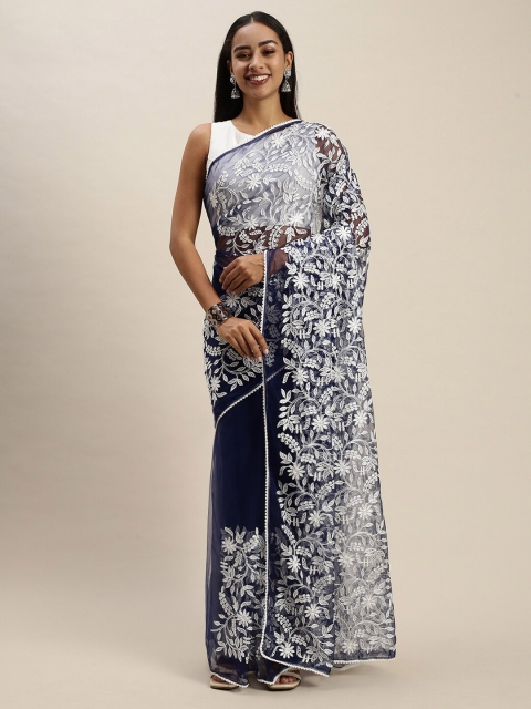 

Iris Blue & White Floral Aari Work Net Saree