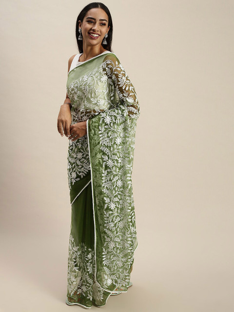 

Iris Green & White Floral Aari Work Net Saree