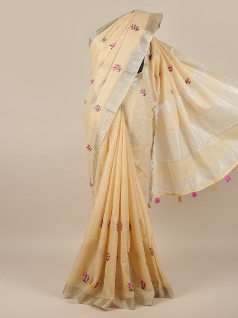 

Pothys Cream-Coloured & Pink Floral Zari Linen Blend Saree