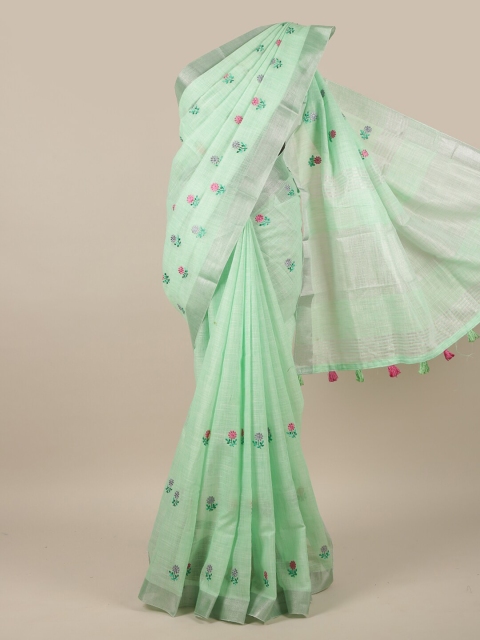 

Pothys Green & Pink Floral Zari Linen Blend Saree