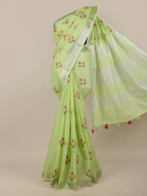 

Pothys Green & Orange Floral Zari Linen Blend Saree