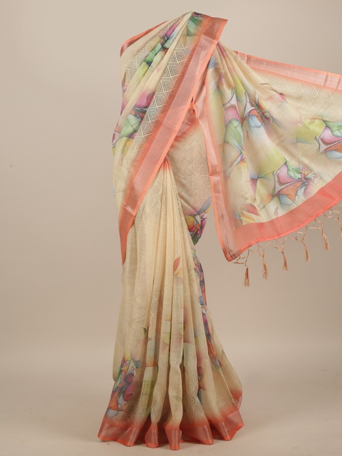 

Pothys Cream-Coloured & Orange Zari Linen Blend Saree