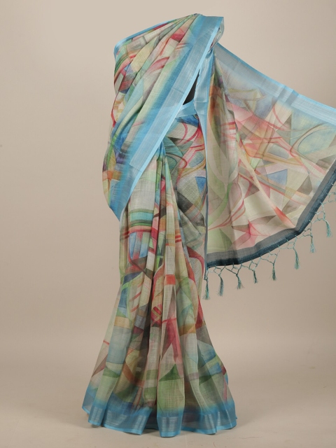 

Pothys Beige & Blue Linen Blend Printed Saree