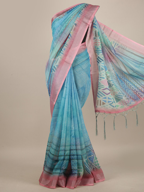 

Pothys Blue & Pink Zari Linen Blend Saree