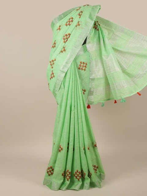 

Pothys Green & Red Floral Embroidered Zari Linen Blend Saree