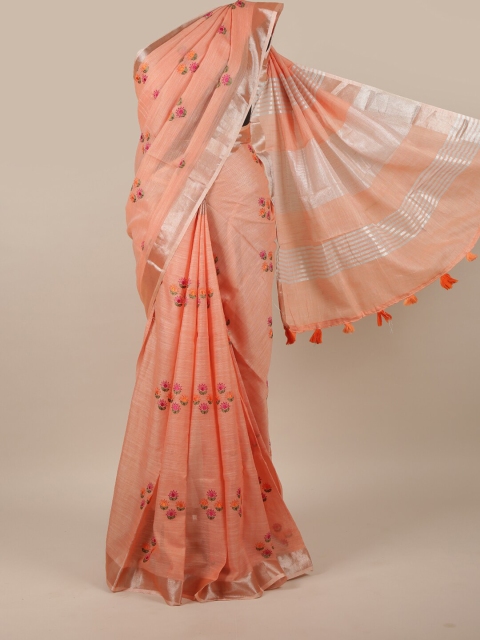 

Pothys Peach-Coloured Floral Embroidered Zari Linen Blend Saree