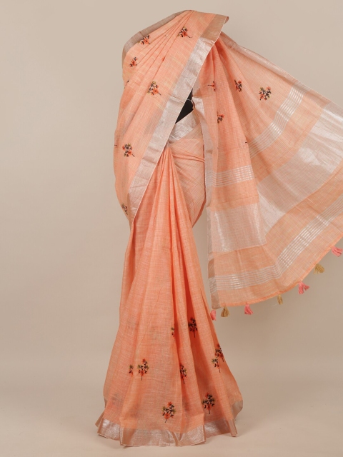 

Pothys Peach-Coloured & Silver-Toned Floral Zari Linen Blend Saree