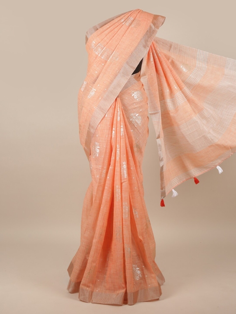 

Pothys Peach-Coloured & Silver-Coloured Ethnic Motifs Linen Blend Saree