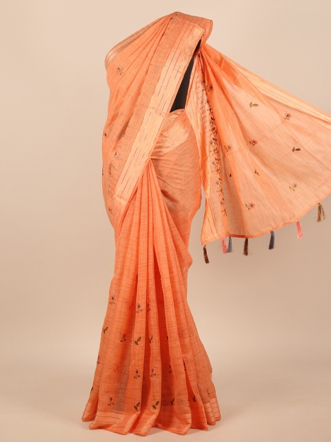 

Pothys Peach-Coloured & Grey Embroidered Floral Zari Saree