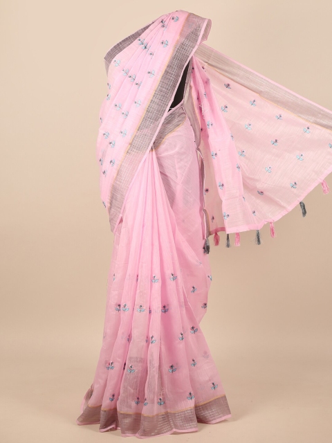 

Pothys Pink & Blue Floral Zari Cotton Blend Saree