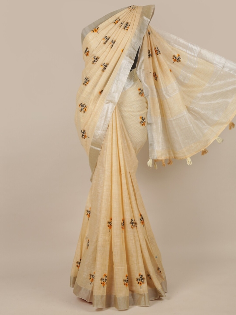 

Pothys Cream-Coloured & Silver-Toned Floral Zari Linen Blend Saree