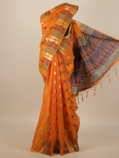 

Pothys Mustard & Blue Ethnic Motifs Zari Jute Silk Saree