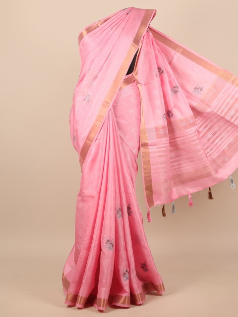 

Pothys Pink & Grey Embroidered Floral Zari Saree