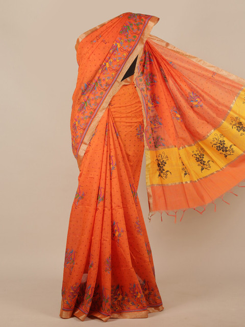 

Pothys Orange & Gold-Toned Floral Zari Saree